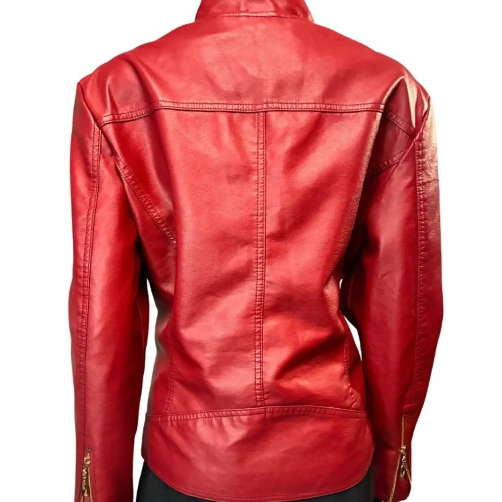 Women's Red faux Leather motorcycle Jacket - Picture 4 of 9